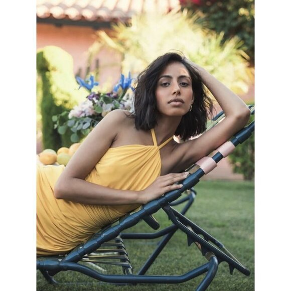 MAC DUGGAL Halter Neck Rouched Side Front Slit Gown in Marigold Size Large - Picture 2 of 13